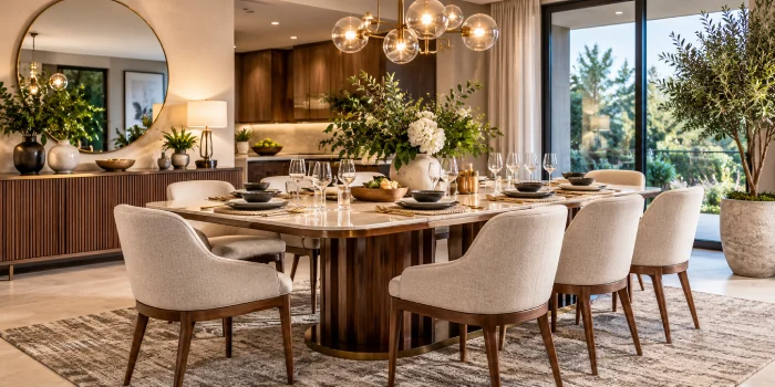 Modern dining table setting with elegant cream upholstered chairs, warm wood dining table, refined tableware, fresh floral centerpiece, glowing pendant lights, textured neutral rug, stylish sideboard, natural greenery, and large glass doors creating a luxurious contemporary dining room.