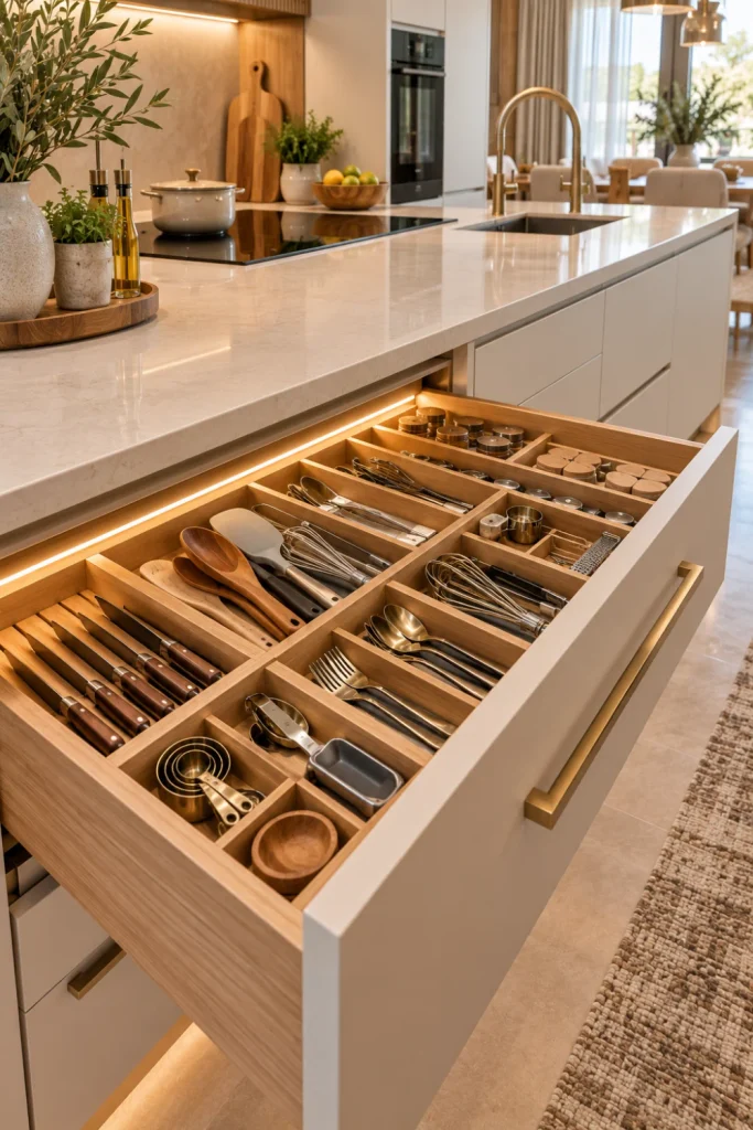 Contemporary luxury kitchen with a large open drawer showing custom compartments for utensils, cutlery, and cooking tools, surrounded by cream cabinetry, natural wood accents, and modern lighting.