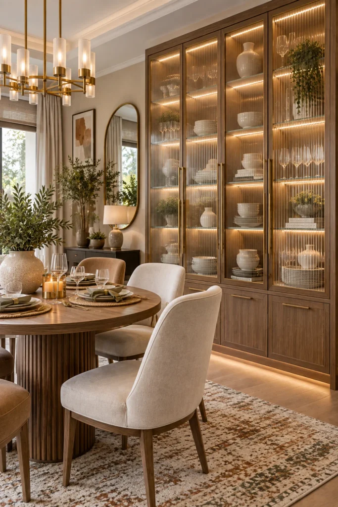 Contemporary fluted-glass dining room cabinet with warm wood accents, illuminated shelves, modern chandelier, textured rug, and elegant table styling.