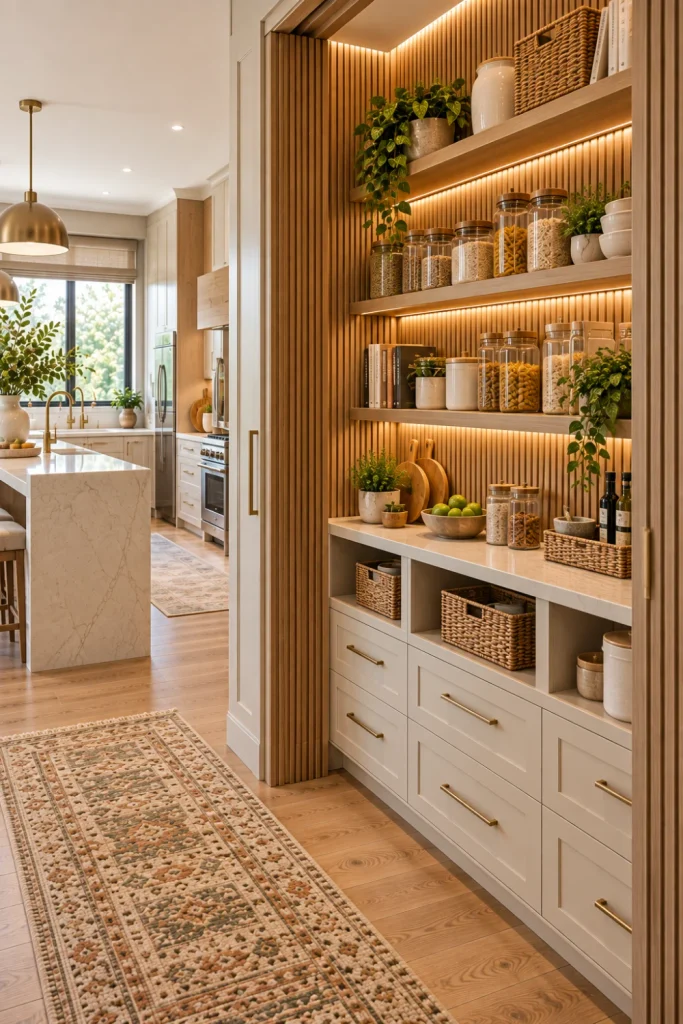 Contemporary open pantry with fluted natural oak wall panels, warm LED shelf lighting, cream cabinetry, neutral storage containers, ceramic decor, and elegant modern kitchen finishes.
