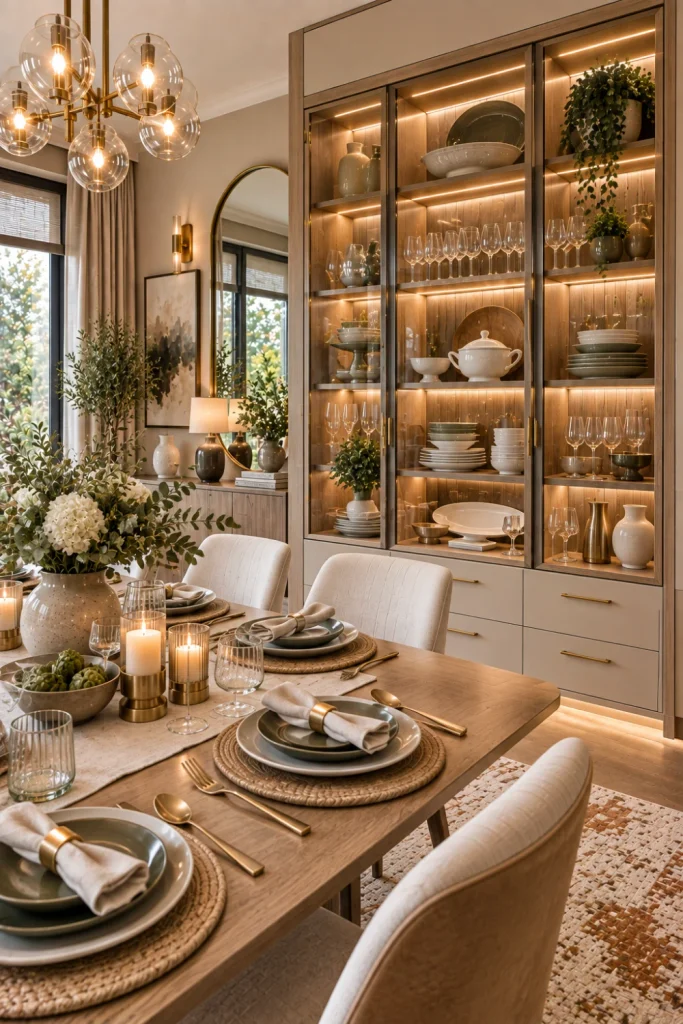 Contemporary dining room tableware display cabinet with elegant plates, glassware, warm lighting, luxury dining table, textured rug, and modern interior decor.