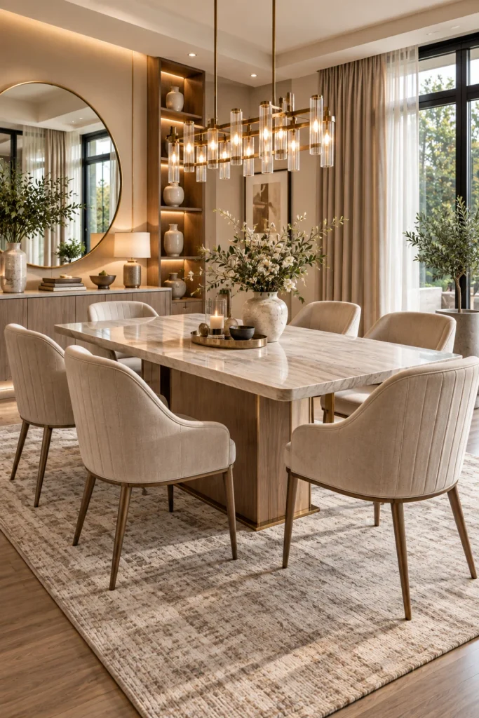 Contemporary upholstered dining set with soft neutral chairs, a sleek table, a statement chandelier, and luxury modern décor.