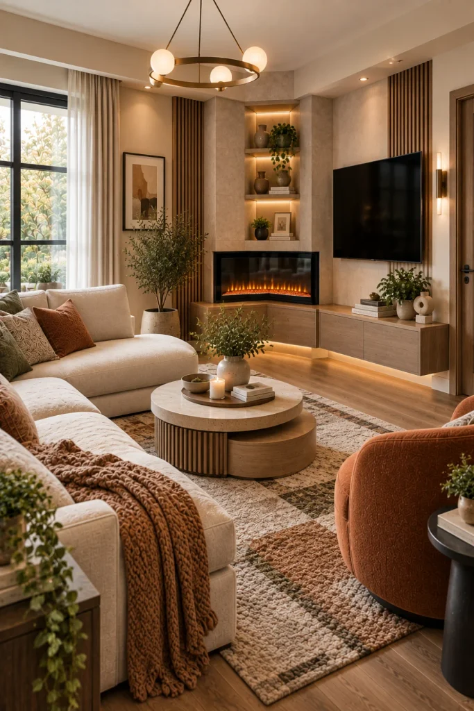 Corner electric fireplace in a small modern living room with a compact sectional, floating shelves, textured rug, warm lighting, and stylish space-saving furniture.