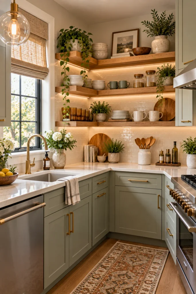 Small modern kitchen with warm oak corner open shelves displaying cream ceramics, glass jars, greenery, and wooden accessories, surrounded by soft white cabinetry and elegant contemporary finishes.