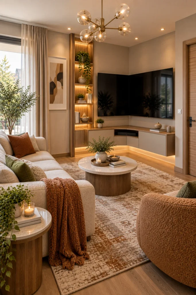 Corner-mounted TV arrangement in a small, stylish, modern living room with compact furniture, hidden storage, warm lighting, and layered neutral décor.