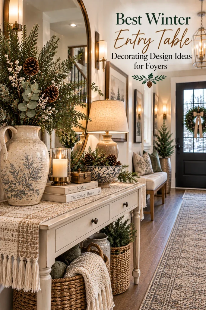 Cottage-style winter foyer table with soft textiles, vintage-inspired ceramics, winter greenery, a mirror, and cozy modern decor.