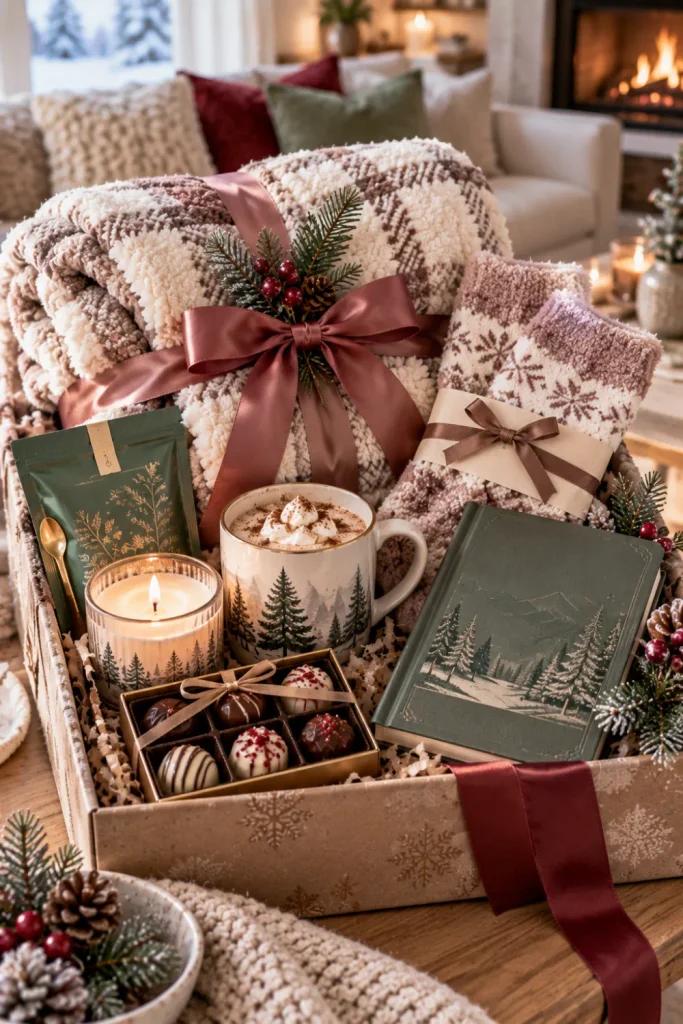 Cozy blanket gift set with soft neutral blanket, fuzzy socks, ceramic mug, tea, candle, book, and chocolate for winter gifting.
