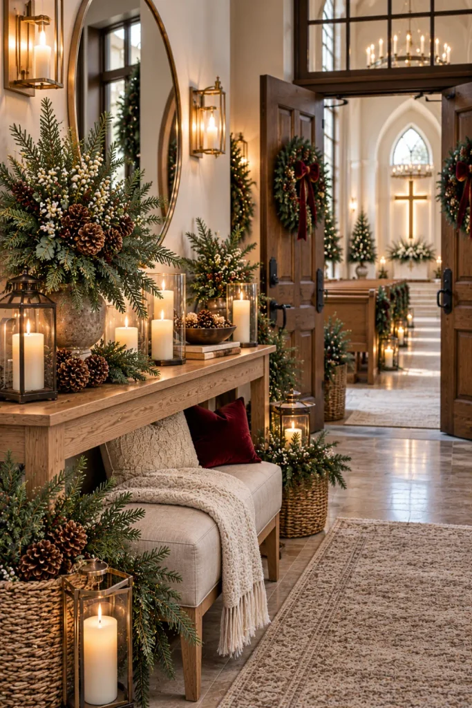 Cozy winter church welcome display with candles, pinecones, evergreen branches, lanterns, a modern cabinet, a bench, and a mirror.