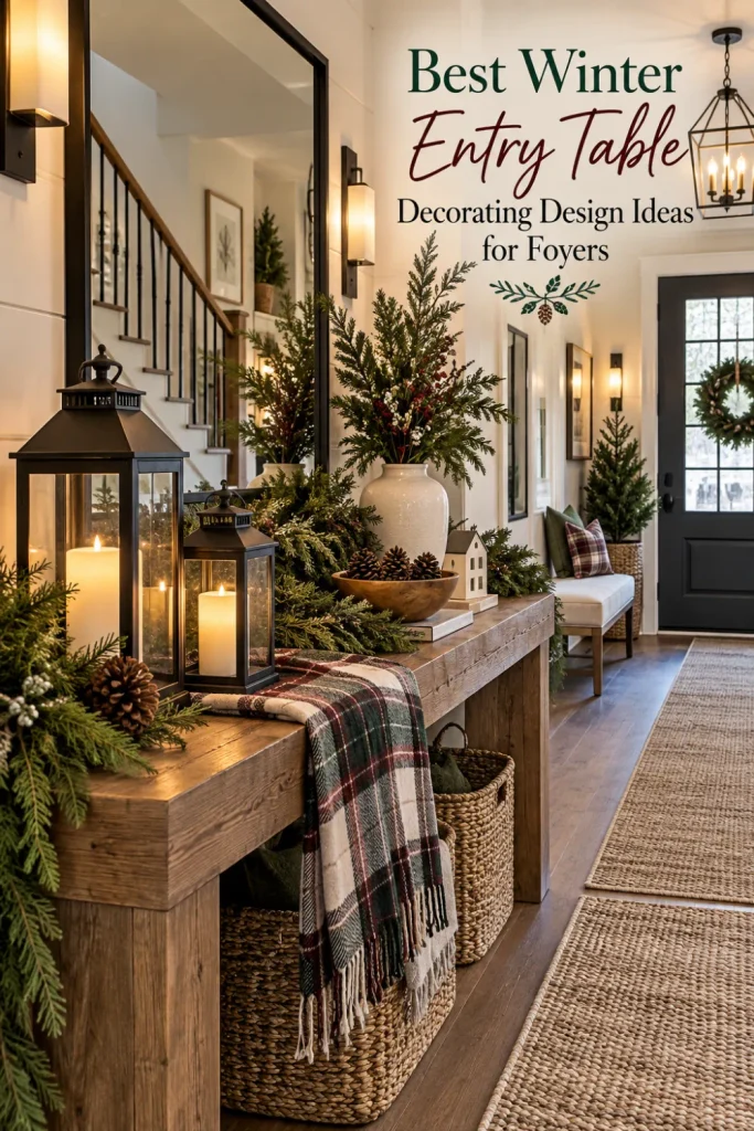 Cozy farmhouse winter foyer table with lanterns, plaid accents, cedar greenery, wooden decor, and warm seasonal styling.