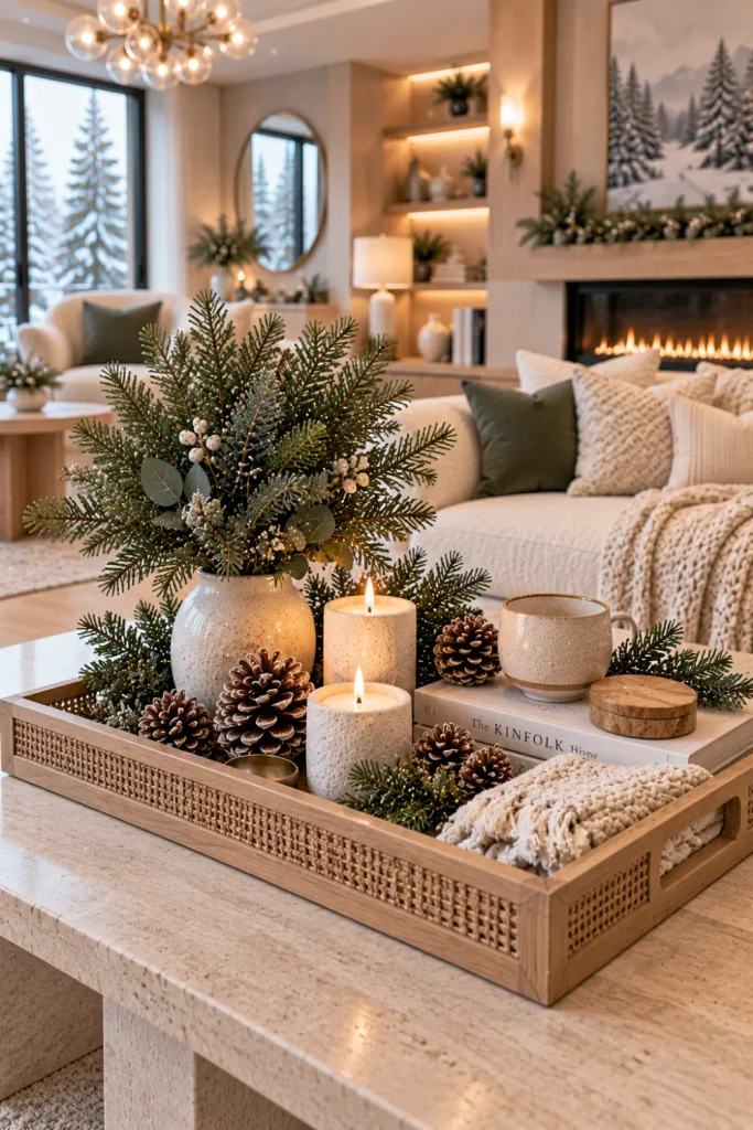 Cozy handcrafted winter tray decor with candles, greenery, ceramics, pinecones, and soft textiles styled on a modern 2026 coffee table.