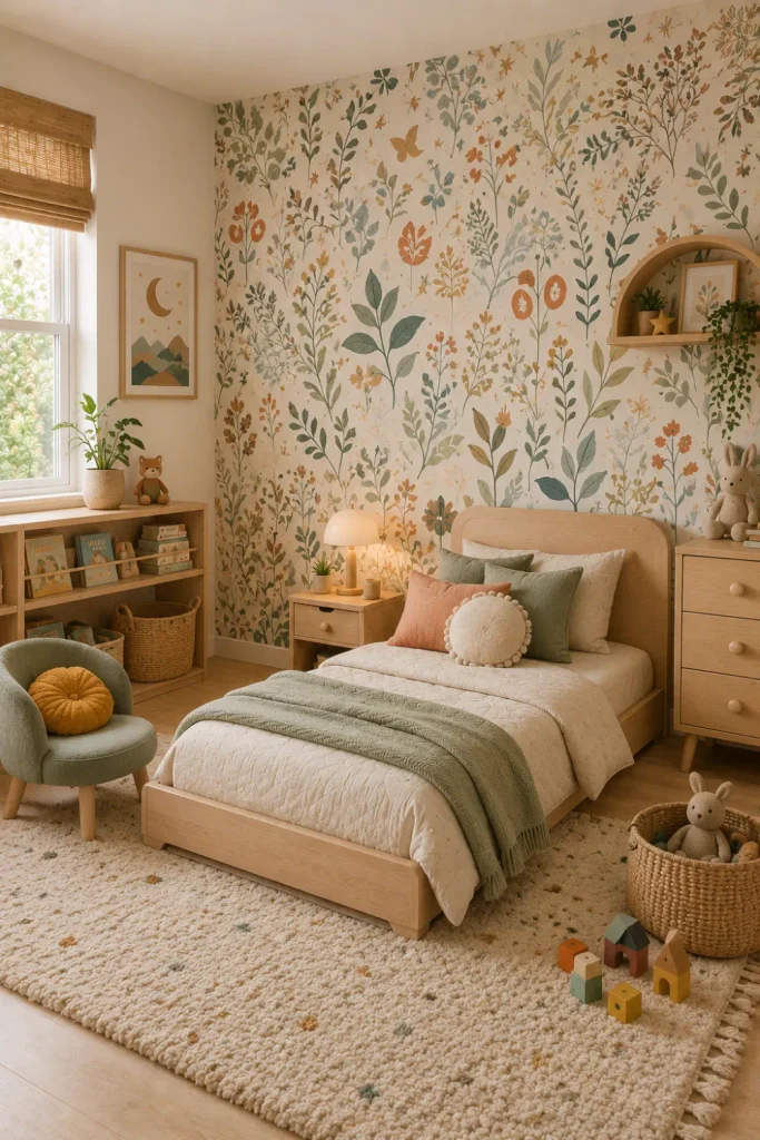 Cozy modern kids’ room with statement wallpaper, simple natural wood furniture, cream bedding, sage and terracotta accents, and contemporary 2026 decor.