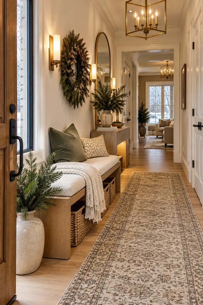 Cozy layered winter entryway with a modern wood bench, soft textiles, evergreen greenery, baskets, warm lighting, and a neutral textured runner.