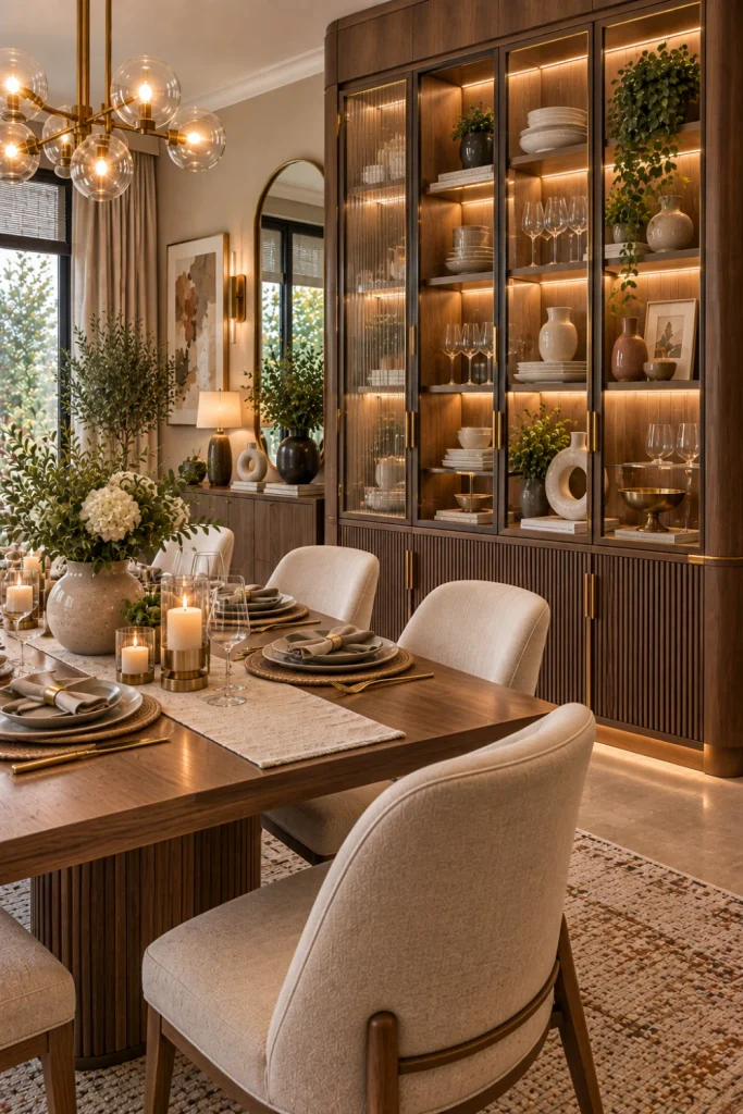 Cozy luxe modern dining room cabinet with warm wood, brass accents, soft lighting, elegant tableware, plush rug, chandelier, mirror, and inviting contemporary decor.