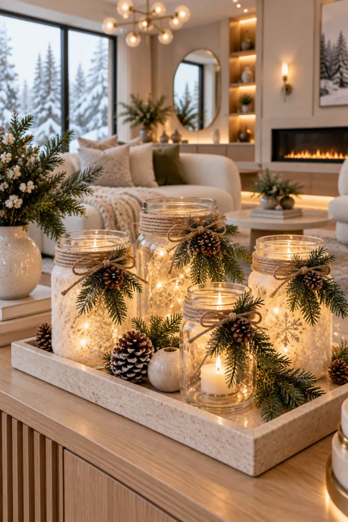 Cozy mason jar lanterns with warm LED lights, twine, evergreen, and winter accents styled on a modern 2026 living room console.