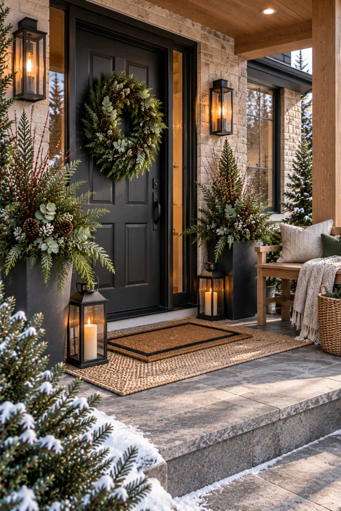 Cozy modern winter curb appeal with contemporary planters, natural greenery, warm lighting, textured rugs, and neutral porch décor.