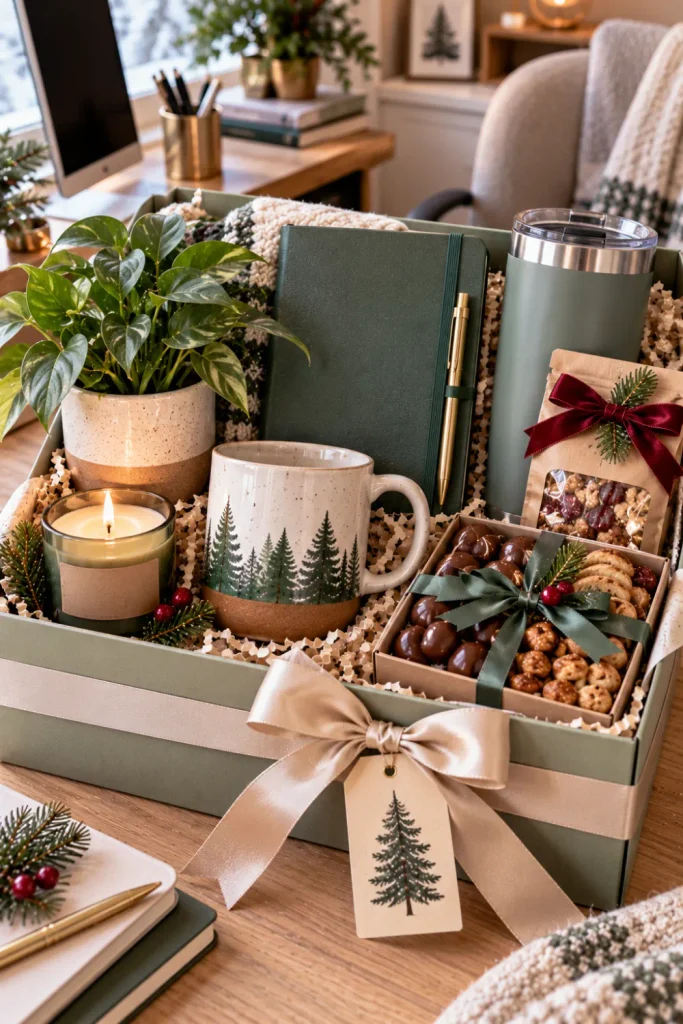 Cozy office gift collection with stylish desk mug, small plant, notebook, subtle candle, snack box, and insulated tumbler.