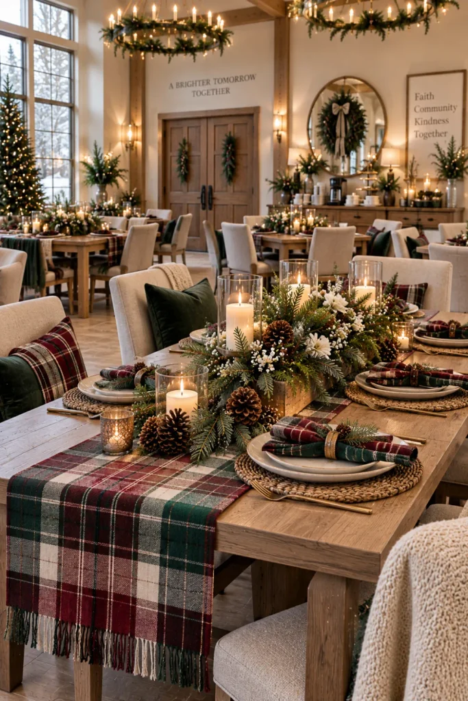 Cozy winter church fellowship hall with plaid textiles, evergreen centerpieces, pinecones, modern seating, warm lighting, and seasonal décor.
