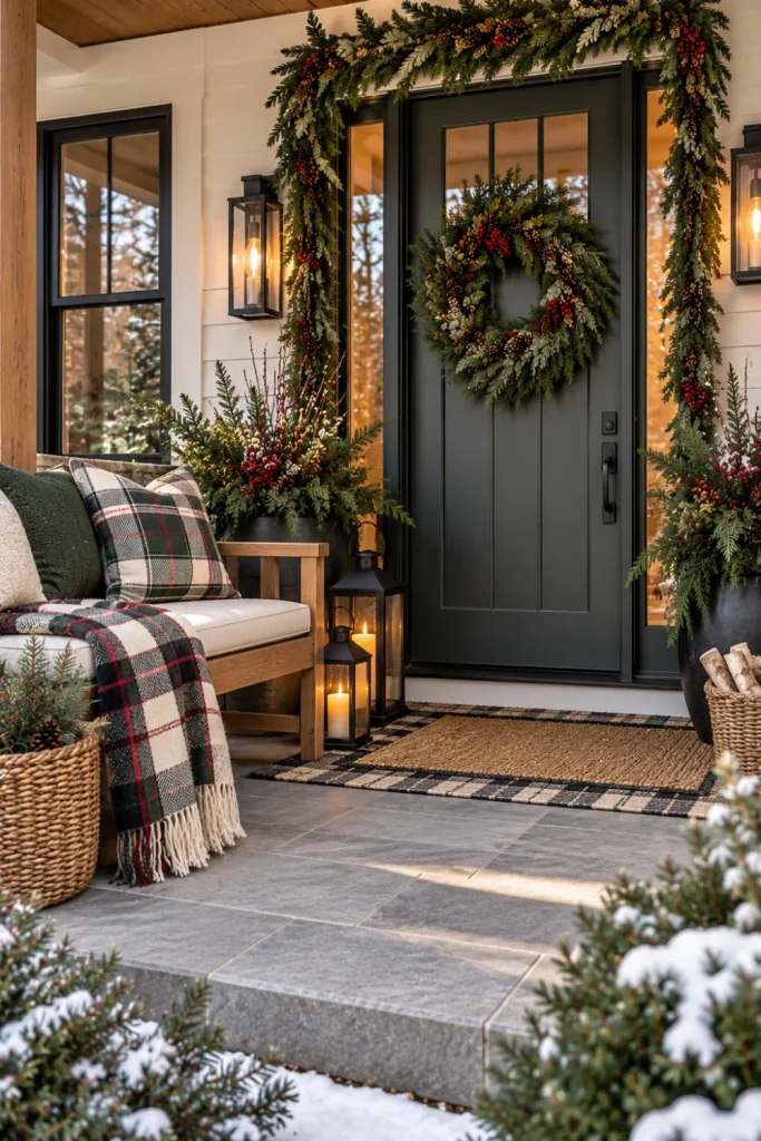 Cozy winter front porch with plaid pillows, evergreen garland, lanterns, woven baskets, warm wood tones, and layered seasonal décor.