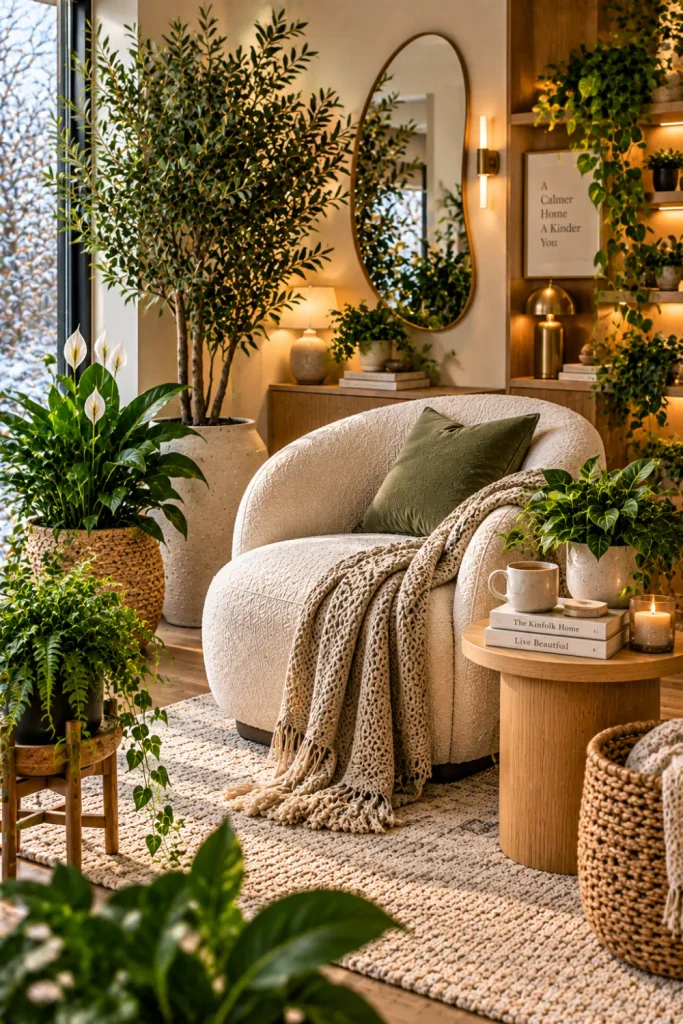 Cozy reading nook with winter plants, cream lounge chair, soft textiles, natural wood, modern mirror, warm lighting, and contemporary decor.