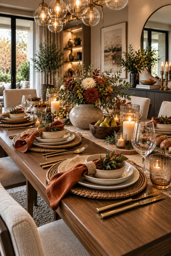 Cozy seasonal modern dining table with layered textiles, warm ceramics, seasonal greenery, wood accents, and elegant contemporary lighting.