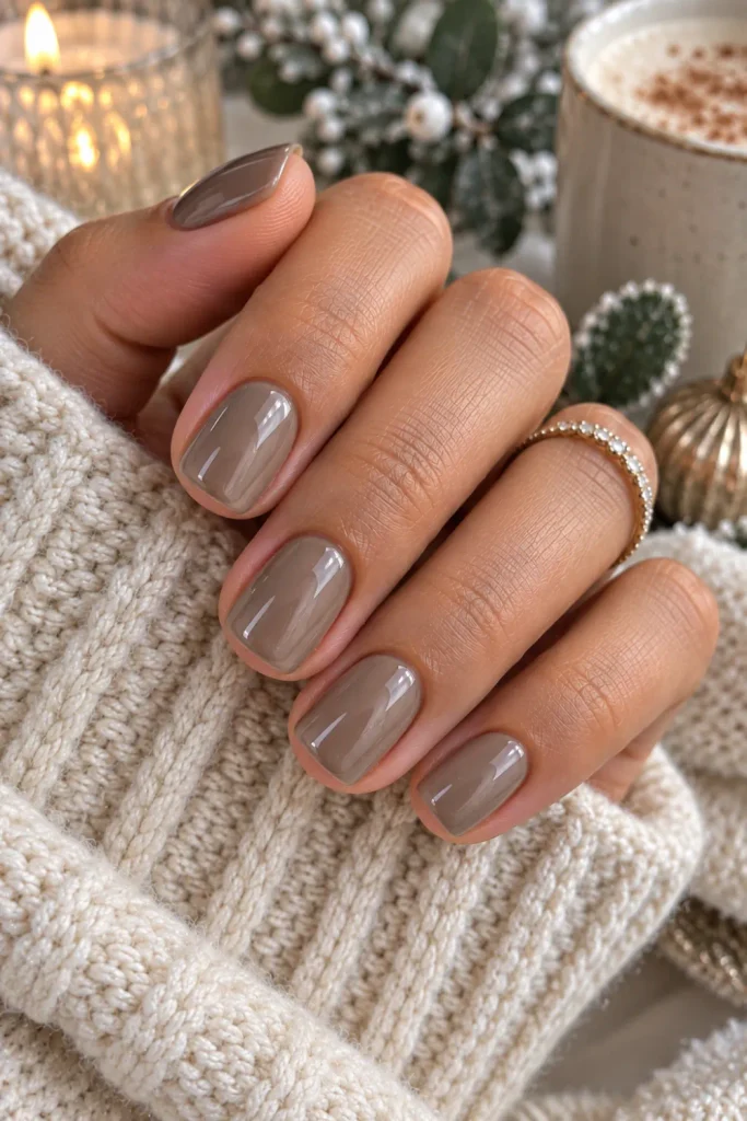 Glossy, cozy, taupe short winter nails in a sophisticated mushroom-beige shade with modern neutral styling for 2026.