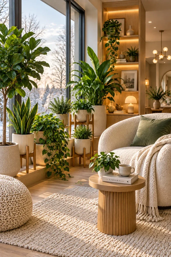 Cozy window-side indoor winter garden with layered houseplants, modern seating, neutral textiles, natural textures, and soft contemporary lighting.