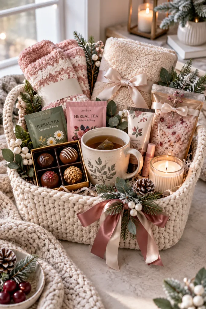 Cozy winter self-care gift basket with plush socks, herbal tea, hand cream, lip balm, bath salts, candle, chocolate, and elegant seasonal wrapping.