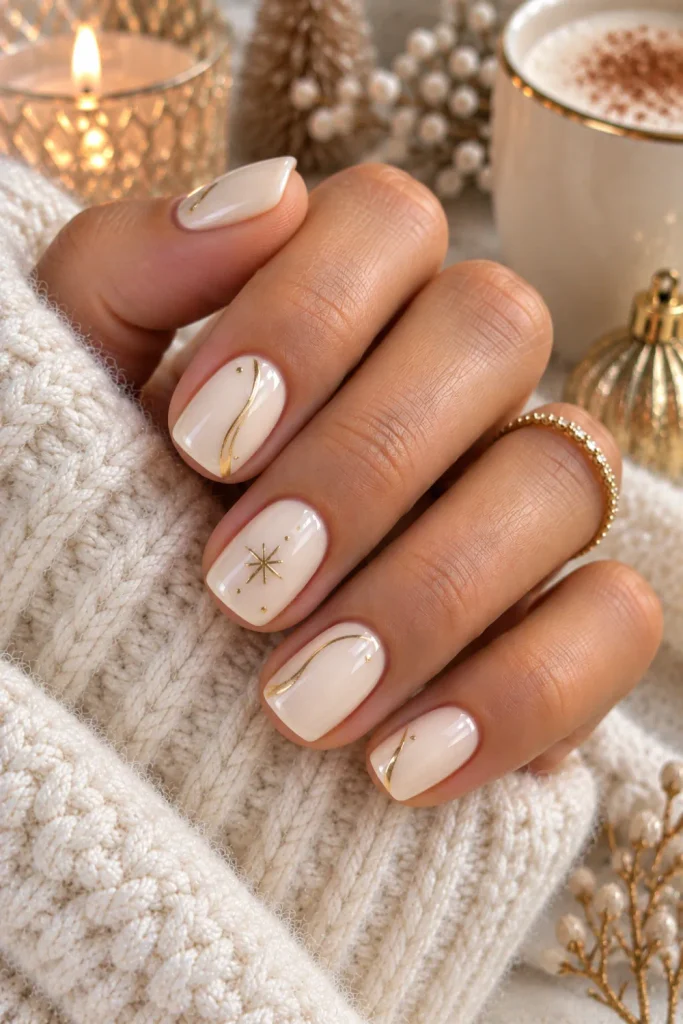 Cream short winter nails with delicate gold details, a glossy finish, and warm elegant styling inspired by modern 2026 nail trends.