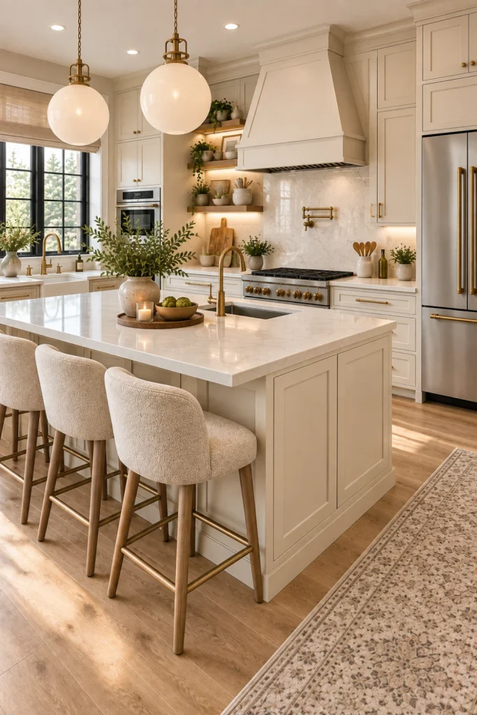 Cream-painted kitchen cabinets with natural oak accents, creamy stone countertops, aged brass hardware, layered lighting, modern stools, and elegant contemporary decor.