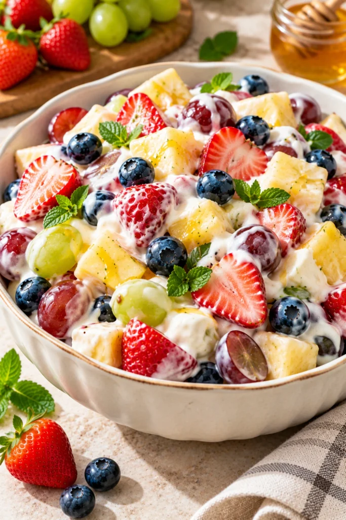 Creamy Greek yogurt fruit salad with strawberries, blueberries, grapes, pineapple, honey, and vanilla served in a modern ivory ceramic bowl.