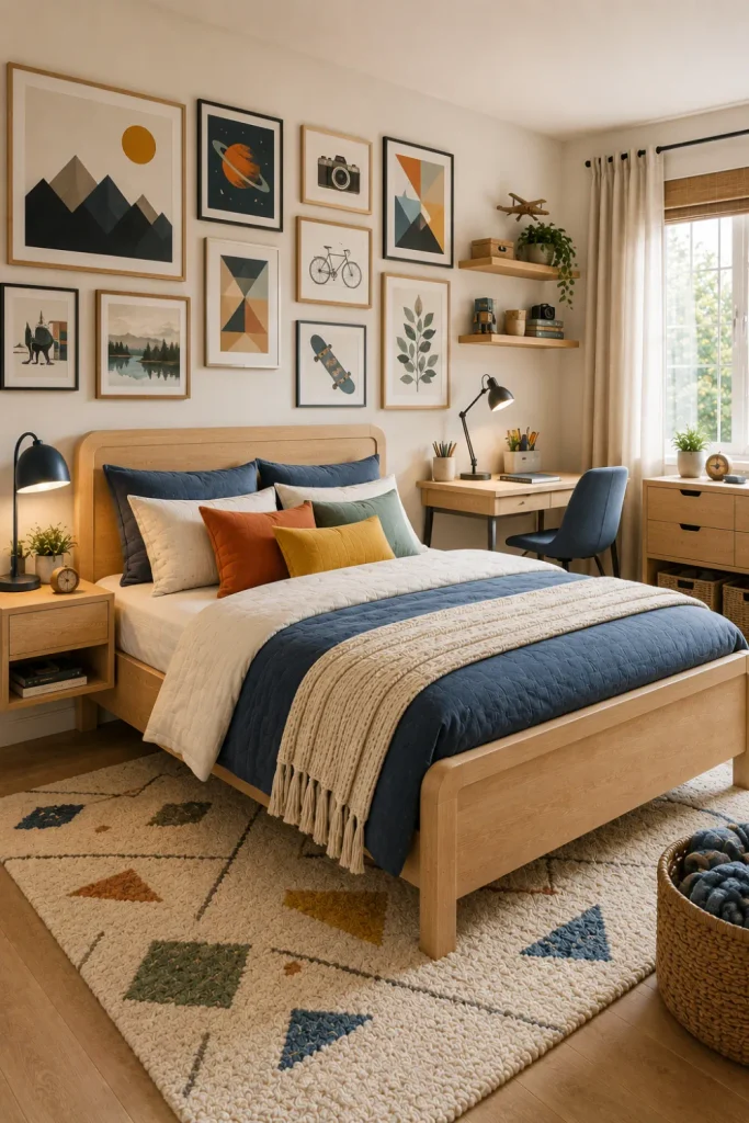 Creative gallery wall boy’s bedroom with modern framed artwork, natural wood furniture, colorful accents, cozy bedding, and contemporary 2026 decor.