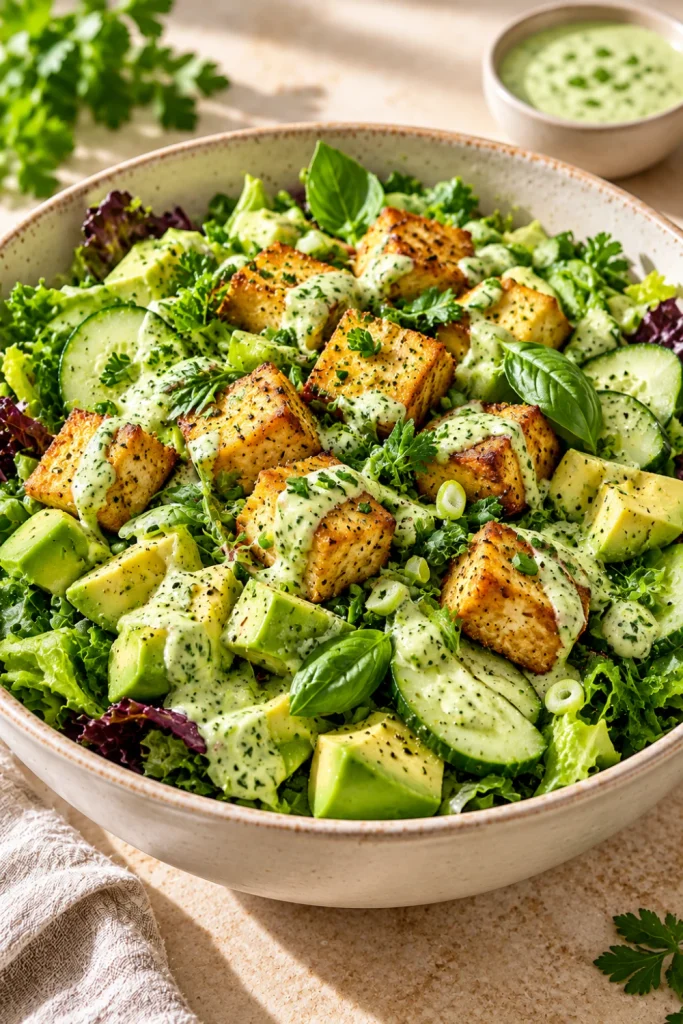 Crispy tofu green goddess salad bowl with crunchy greens, cucumber, avocado, fresh herbs, and creamy herb dressing in a modern colorful presentation.