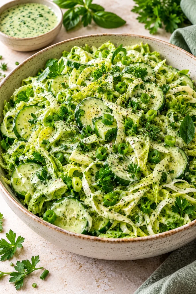 Crunchy cabbage and cucumber green goddess salad with green onions, fresh herbs, and creamy green goddess dressing styled for a modern Pinterest recipe image.
