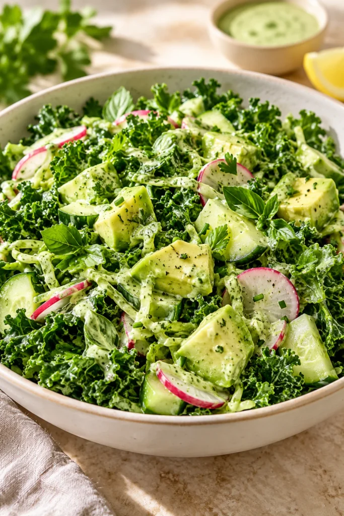 Crunchy kale green goddess salad with avocado, crisp vegetables, fresh herbs, and creamy green goddess dressing in a modern colorful food presentation.