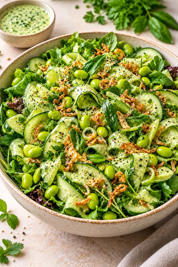Cucumber edamame green goddess salad bowl with leafy greens, scallions, fresh herbs, creamy dressing, and crunchy toppings in a modern presentation.