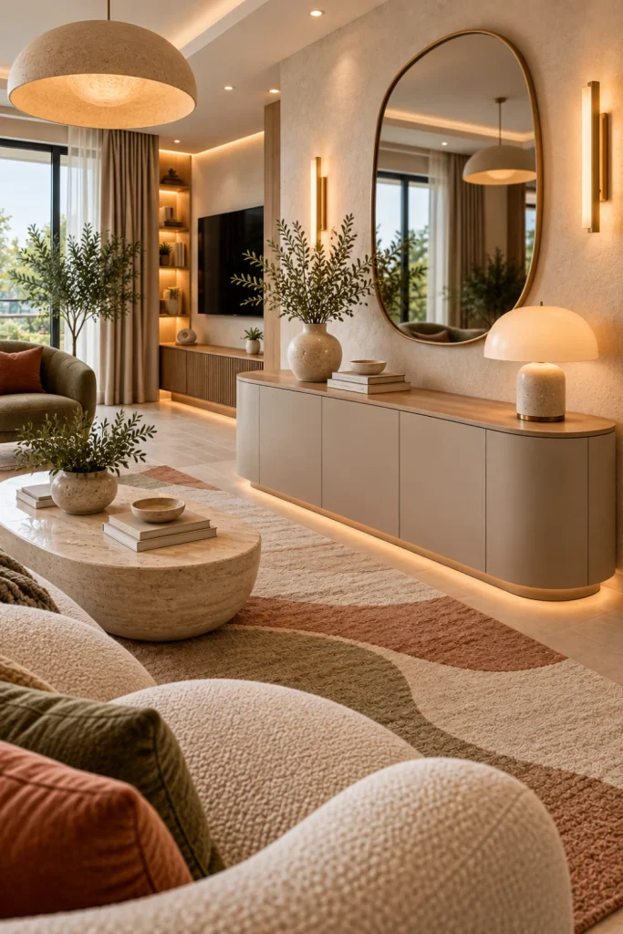 Curved console cabinet with rounded modern design, soft neutral décor, sculptural lighting, elegant rug, and luxury contemporary living room styling.