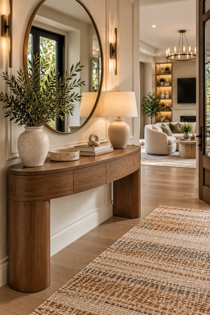 Curved modern console table with rounded edges in a sophisticated foyer, paired with a circular mirror, textured rug, sculptural decor, warm lighting, and elegant neutral interiors.