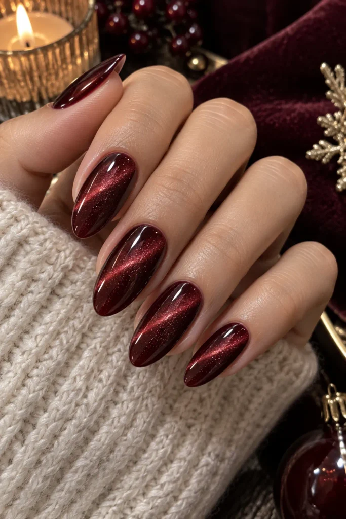 Deep burgundy winter cat-eye nails with rich magnetic velvet shimmer, glossy almond shape, and sophisticated luxury styling.