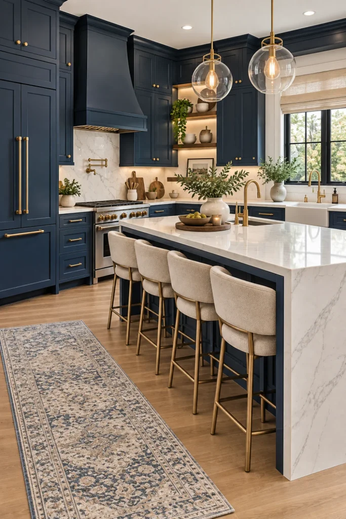 Deep navy painted kitchen cabinets with white quartz countertops, brass fixtures, a marble-look backsplash, light wood flooring, modern pendant lights, and luxury decor.
