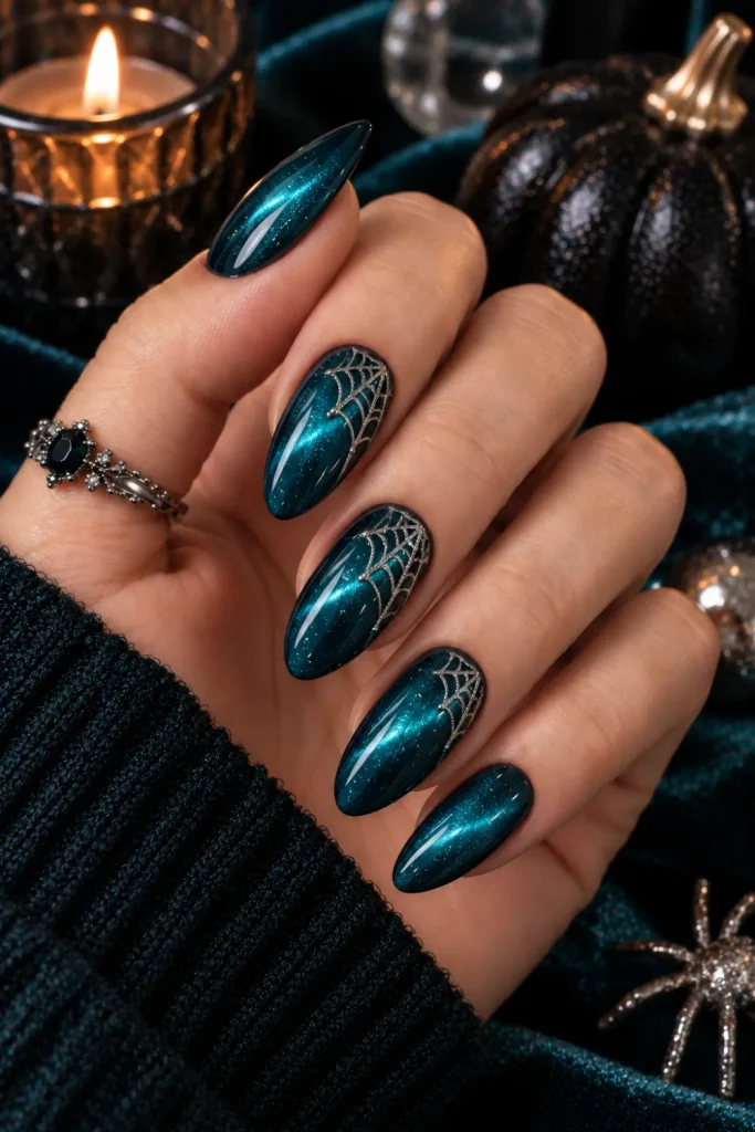 Deep teal cat-eye Halloween nails with luminous magnetic shimmer and chrome spiderweb accents in a sophisticated 2026 manicure.