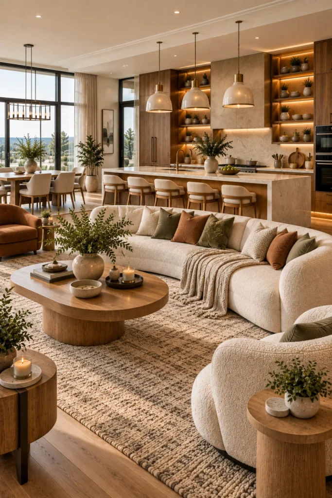 Designer-style open concept kitchen and living room with sculptural furniture, warm wood cabinetry, statement pendant lights, textured upholstery, coordinated neutral colors, premium stone, and elegant decor.