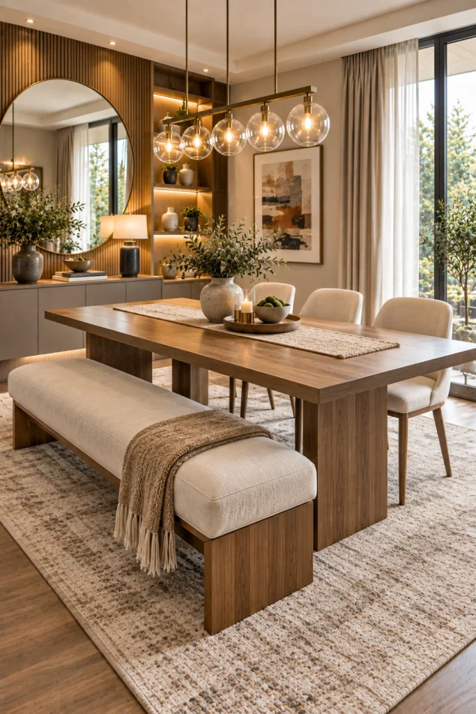 Modern dining set with bench seating, upholstered chairs, a natural wood table, a contemporary chandelier, and family-friendly décor.