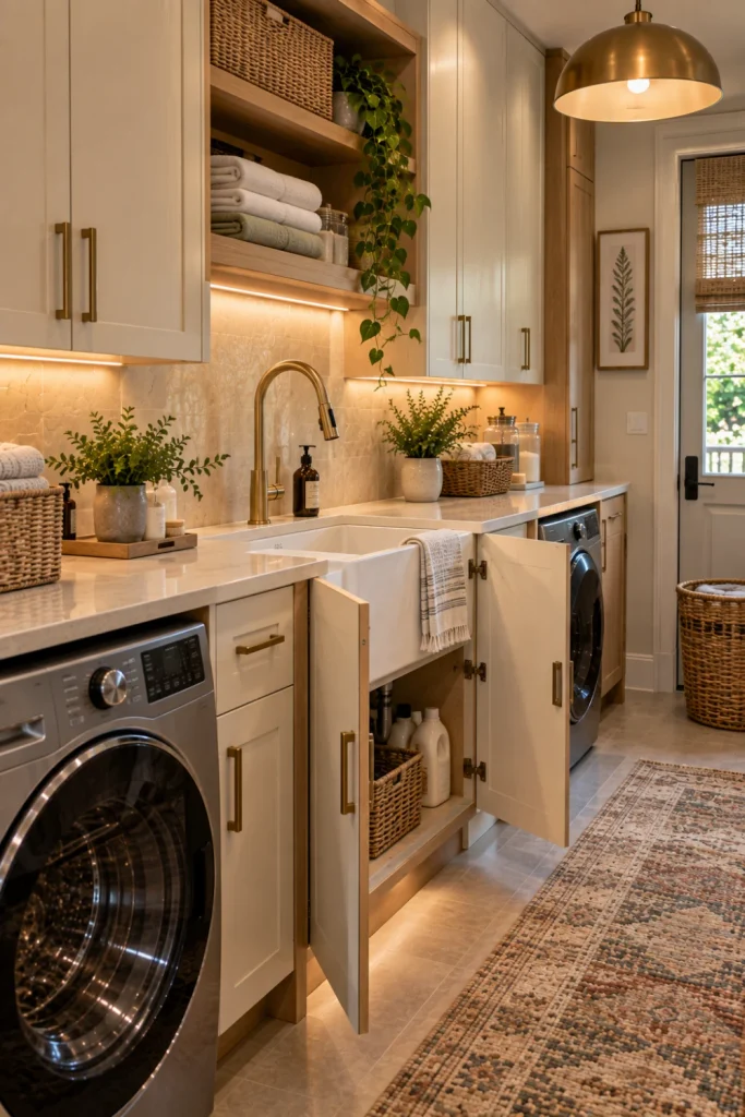 Contemporary laundry room with a concealed wash tub sink hidden behind matching cabinet doors, warm white cabinetry, wood accents, stone countertop, brass hardware, modern tile, and elegant lighting.