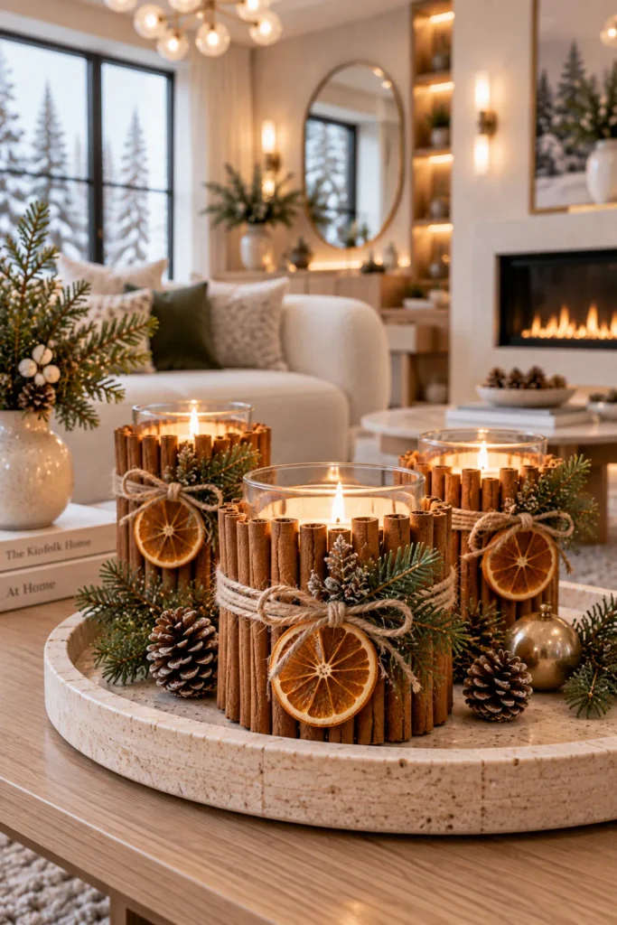 DIY cinnamon stick candle decor with evergreen and dried orange accents styled on a chic modern winter coffee table.