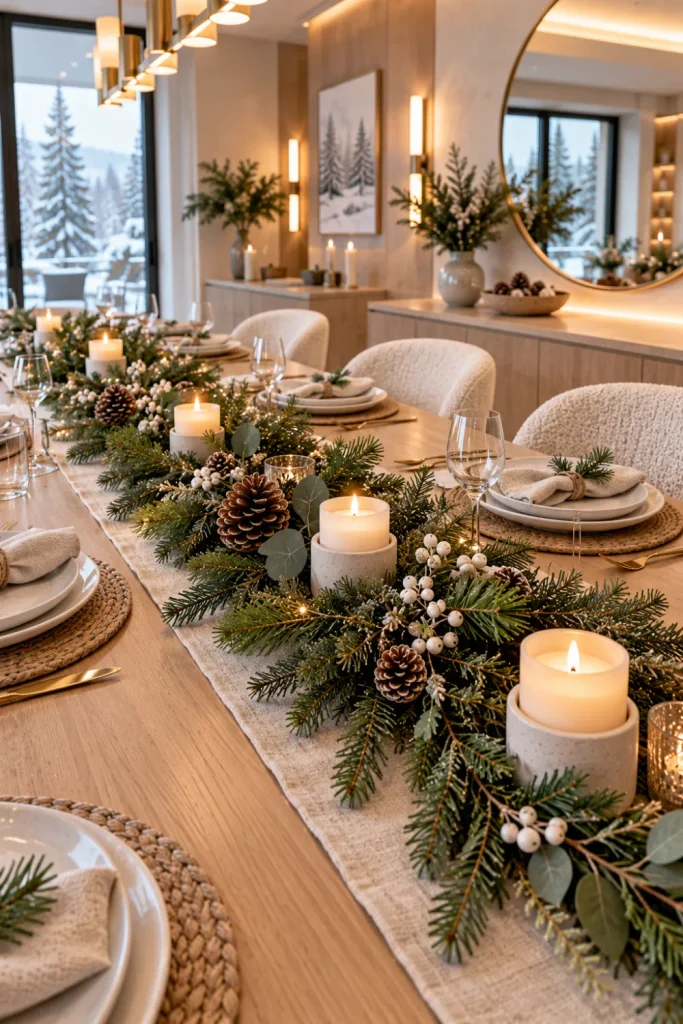 DIY evergreen table runner with pinecones, ivory candles, natural wood accents, and elegant modern winter dining decor.