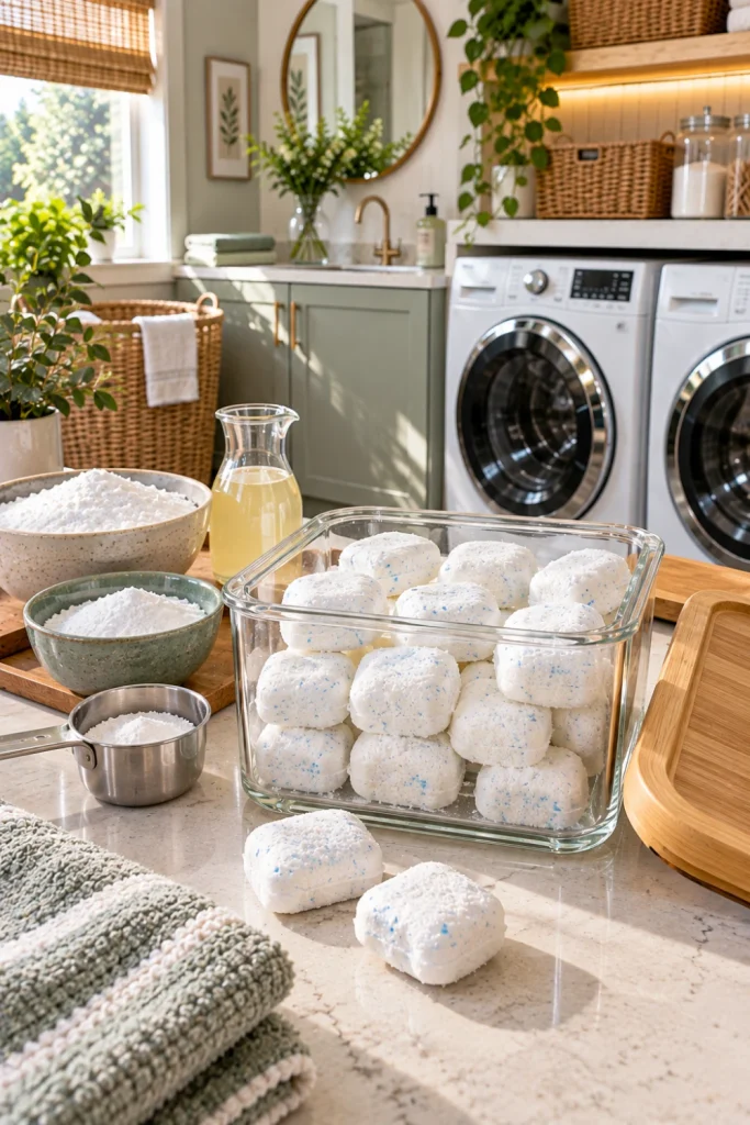 Close-up of neatly prepared homemade laundry detergent portions arranged in a clean glass container beside washing soda, baking soda, liquid soap, and organized supplies in a modern laundry room.