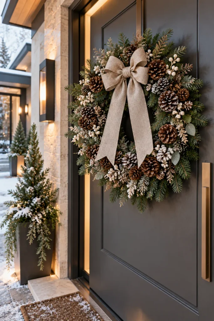 DIY pinecone winter wreath with evergreen branches, white snow-dusted accents, and a natural linen bow displayed on a stylish modern front door.
