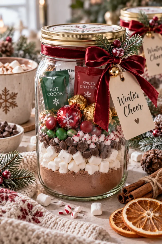 DIY winter gift jar filled with hot chocolate mix, marshmallows, candy, tea bags, and a handwritten winter gift tag with a festive ribbon.