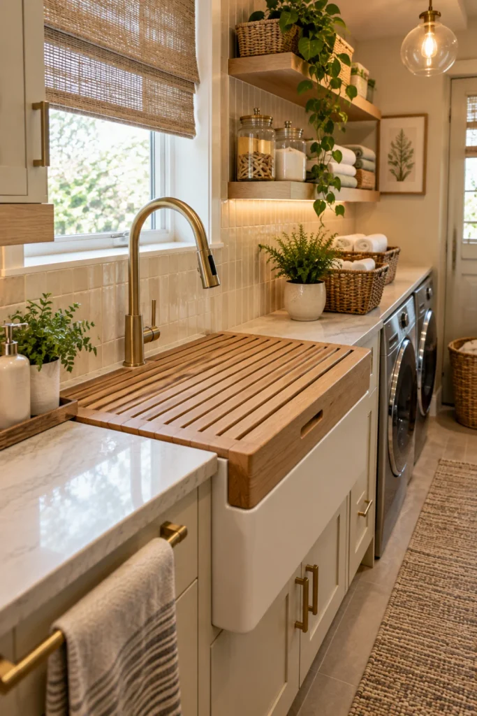 Contemporary laundry room with a custom wood-lath cover concealing a utility wash basin, warm oak cabinetry, patterned tile, woven storage baskets, and modern brass lighting.