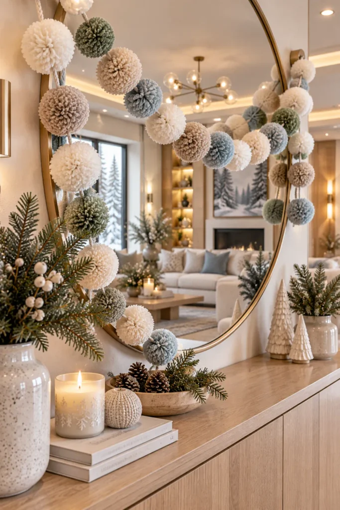 DIY wool pom-pom garland in cream and muted winter colors draped over a modern mirror and contemporary living room decor.